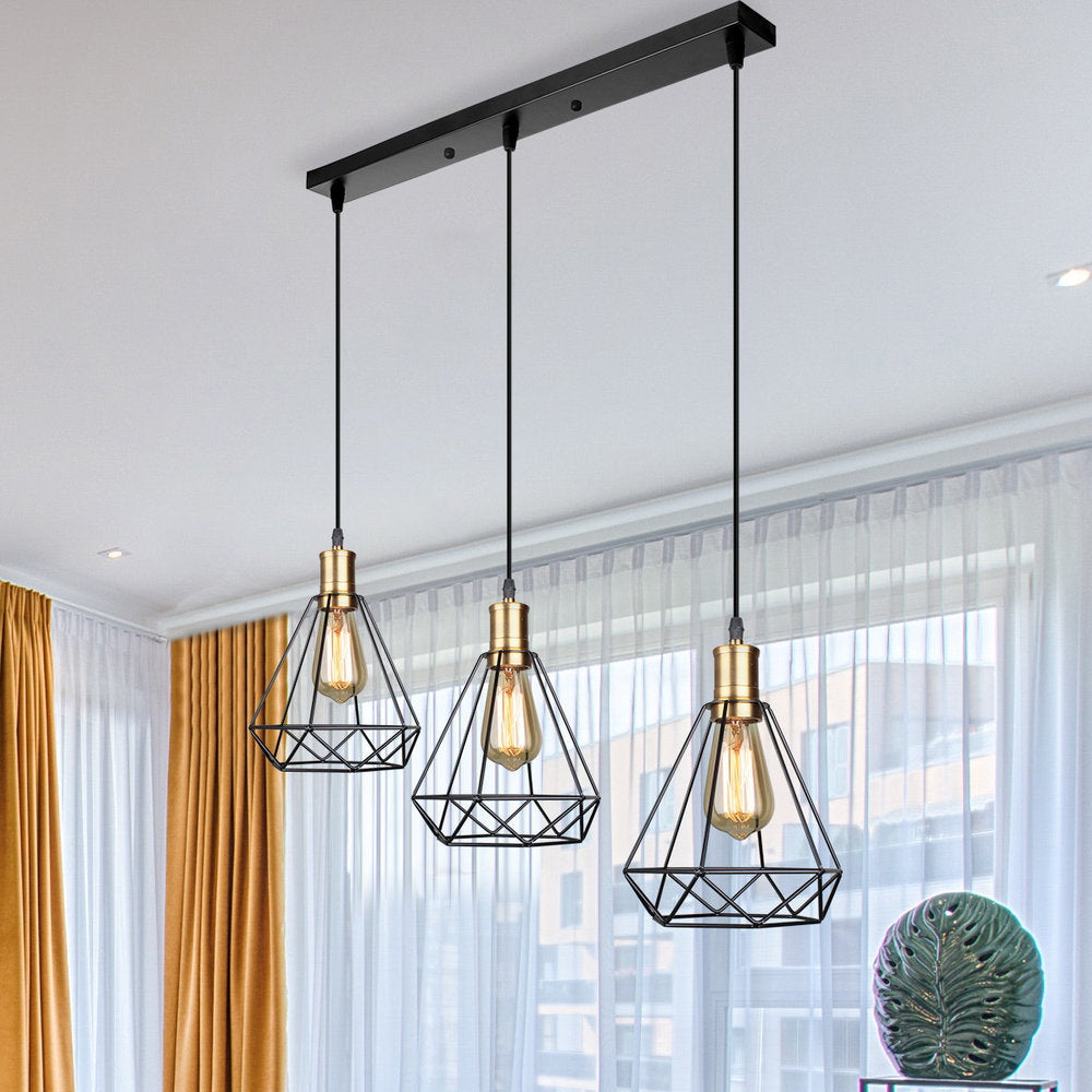 3 Köpfe hängende Lampe Bauernhaus Tränendrop -Käfig -Schatten Metallhängeln mit runden/linearen Baldachin im Messing