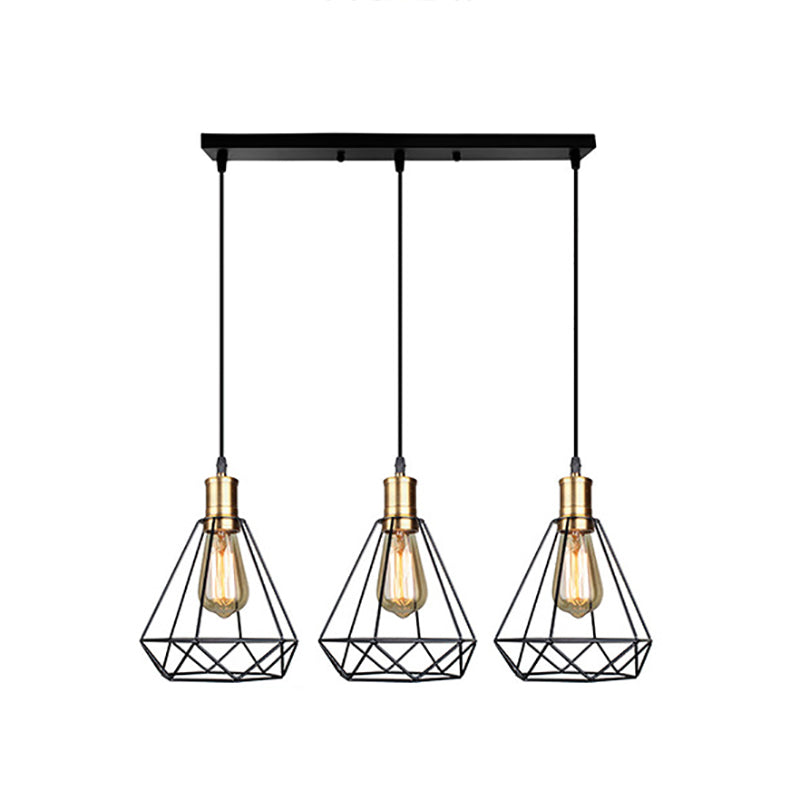 3 Köpfe hängende Lampe Bauernhaus Tränendrop -Käfig -Schatten Metallhängeln mit runden/linearen Baldachin im Messing