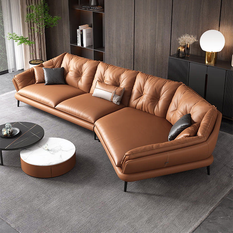 Contemporary Genuine Leather Pillow Top Arm Sofa in Orange for Living Room