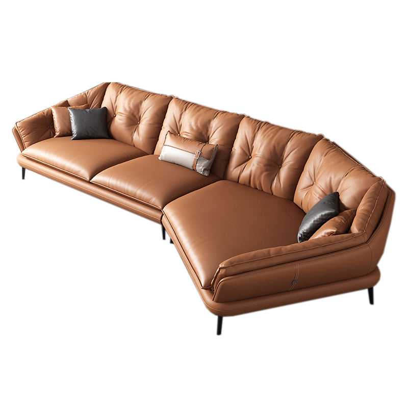 Contemporary Genuine Leather Pillow Top Arm Sofa in Orange for Living Room