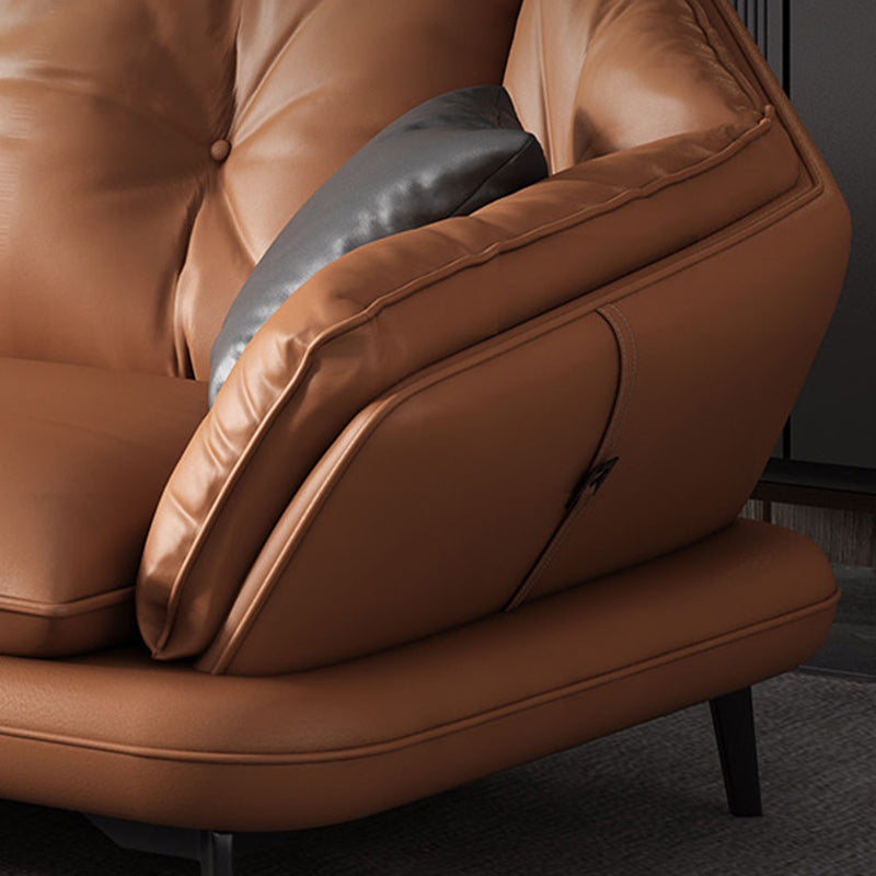 Contemporary Genuine Leather Pillow Top Arm Sofa in Orange for Living Room