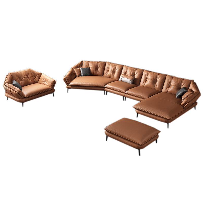 Contemporary Genuine Leather Pillow Top Arm Sofa in Orange for Living Room