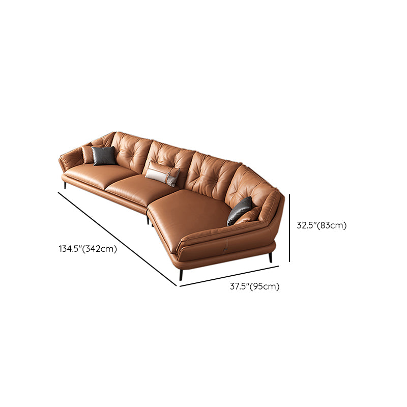 Contemporary Genuine Leather Pillow Top Arm Sofa in Orange for Living Room