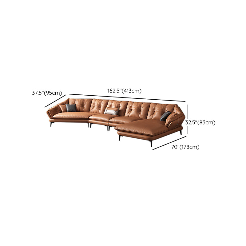 Contemporary Genuine Leather Pillow Top Arm Sofa in Orange for Living Room