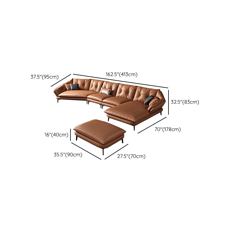 Contemporary Genuine Leather Pillow Top Arm Sofa in Orange for Living Room