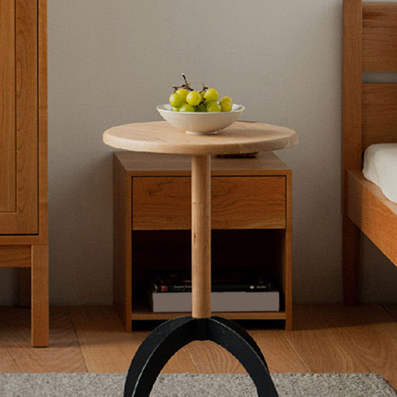 Industrial Solid Wood Round Sofa Side Accent Table with Metal Base