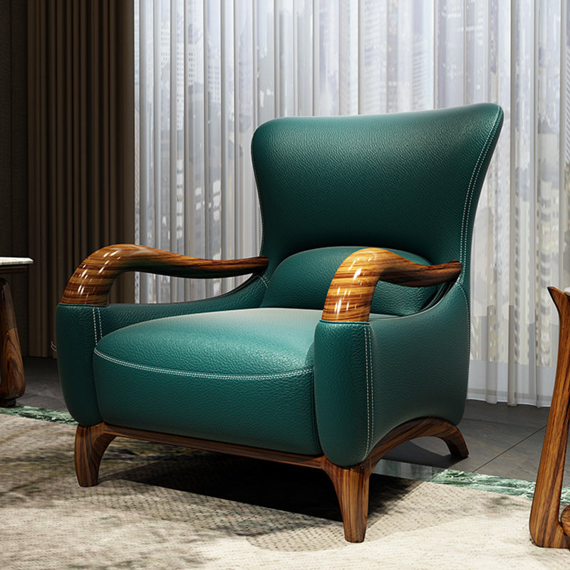 Traditional Wood Living Room Armchair Real Aniline Leather Accent Armchair