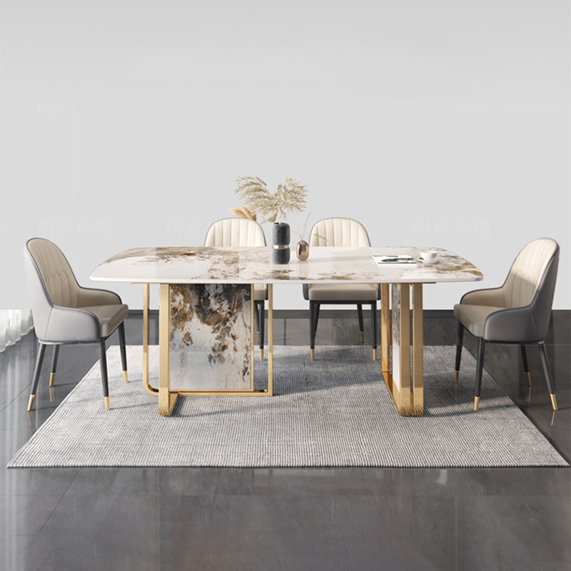 Glam Rectangle Stone Dining Table Metal Bases for Living Room