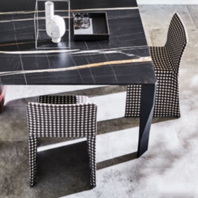 Rectangular Black Stone Table Top Dining Table with 4 Foot Metal Base