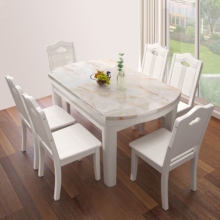 Faux Marble Top 7 Piece Dining Room Chair and Table Set in White