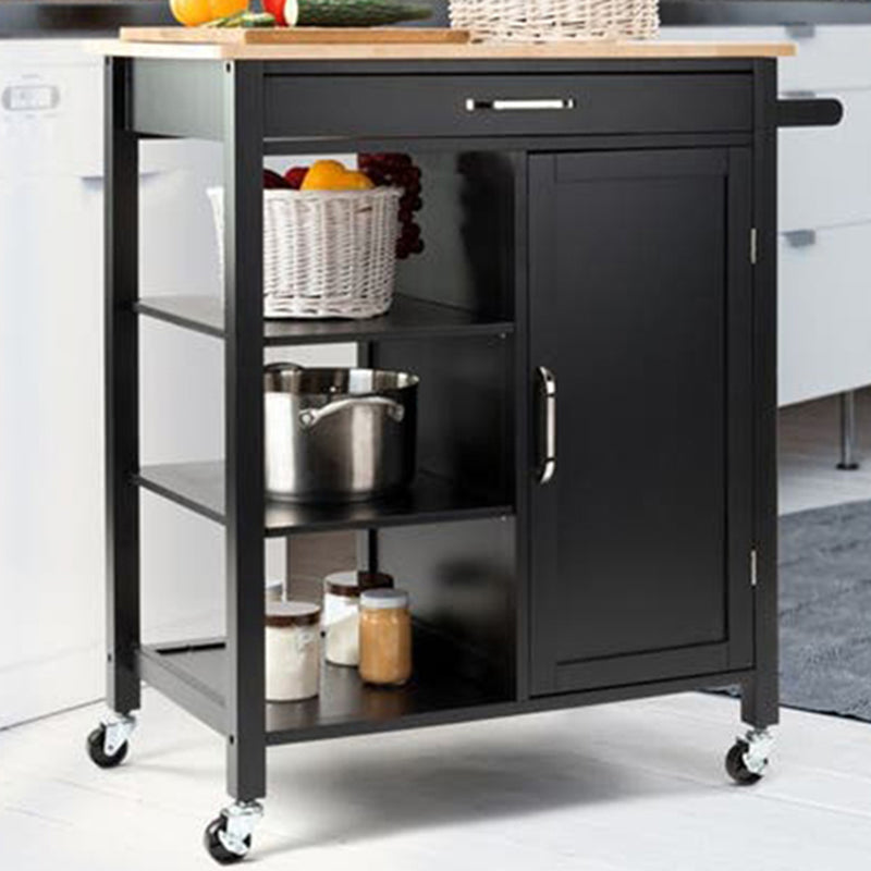 Matte Finish Wooden Kitchen Cart with Open Storage and Wheels