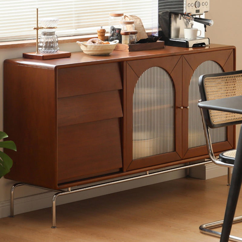 Modern Brown Solid Wood Buffet Sideboard with Glass Door and 3 Drawers