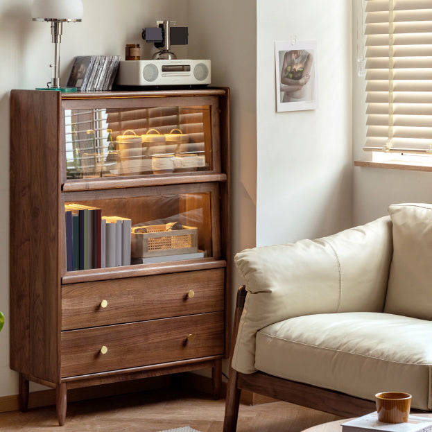 Modern Living Room Floor Cabinet Solid Wood Glass Doors with Lighting