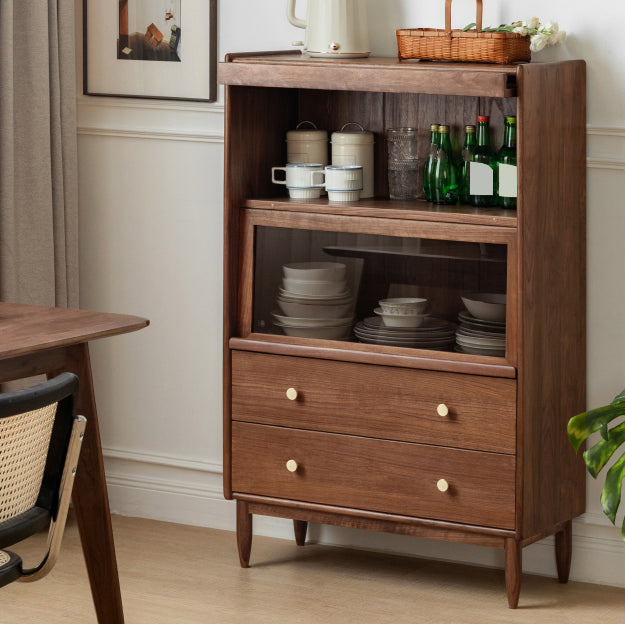 Modern Living Room Floor Cabinet Solid Wood Glass Doors with Lighting