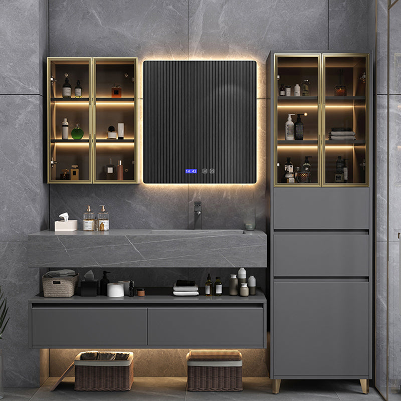 Contemporary Glass Doors Display Cabinet with Wooden Base for Bathroom