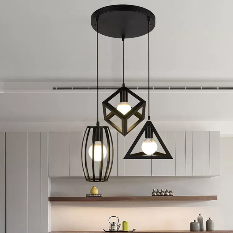 3 cabezas de iluminación colgante con diferentes tono de jaula metal retro lámpara colgante de cocina en negro, redondo/lineal