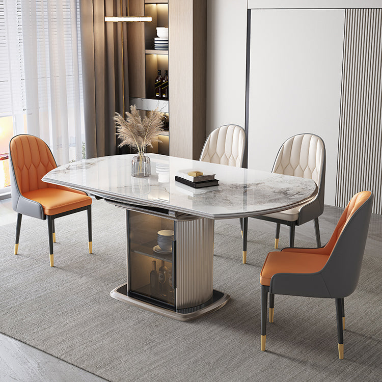 Stone Tabletop Round Extendable Dining Table in White with Storage