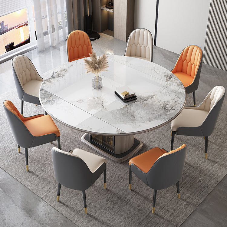Stone Tabletop Round Extendable Dining Table in White with Storage