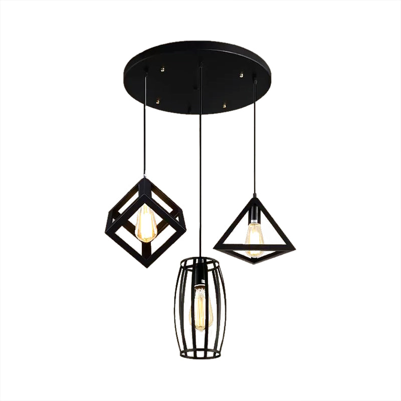 3 cabezas de iluminación colgante con diferentes tono de jaula metal retro lámpara colgante de cocina en negro, redondo/lineal