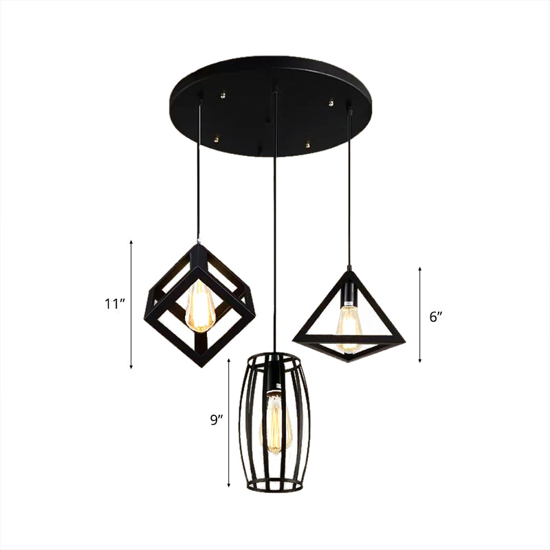 3 cabezas de iluminación colgante con diferentes tono de jaula metal retro lámpara colgante de cocina en negro, redondo/lineal