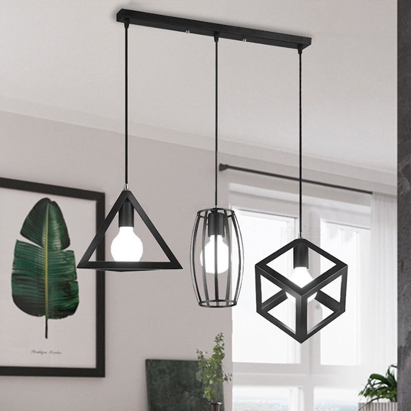 3 cabezas de iluminación colgante con diferentes tono de jaula metal retro lámpara colgante de cocina en negro, redondo/lineal