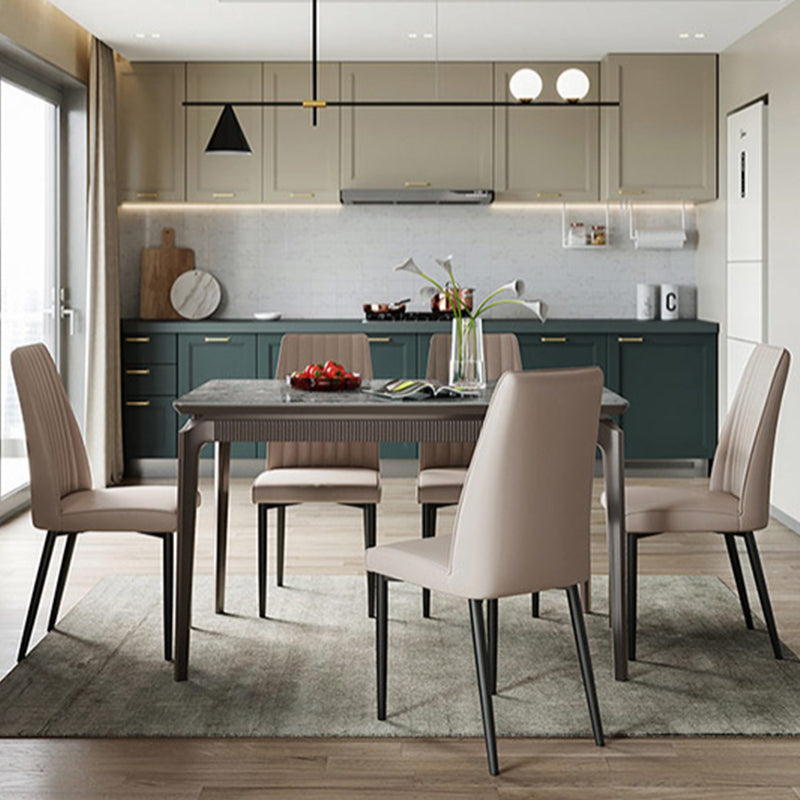 Gray Contemporary Rectangular Stone Dining Table with Solid Wood Legs