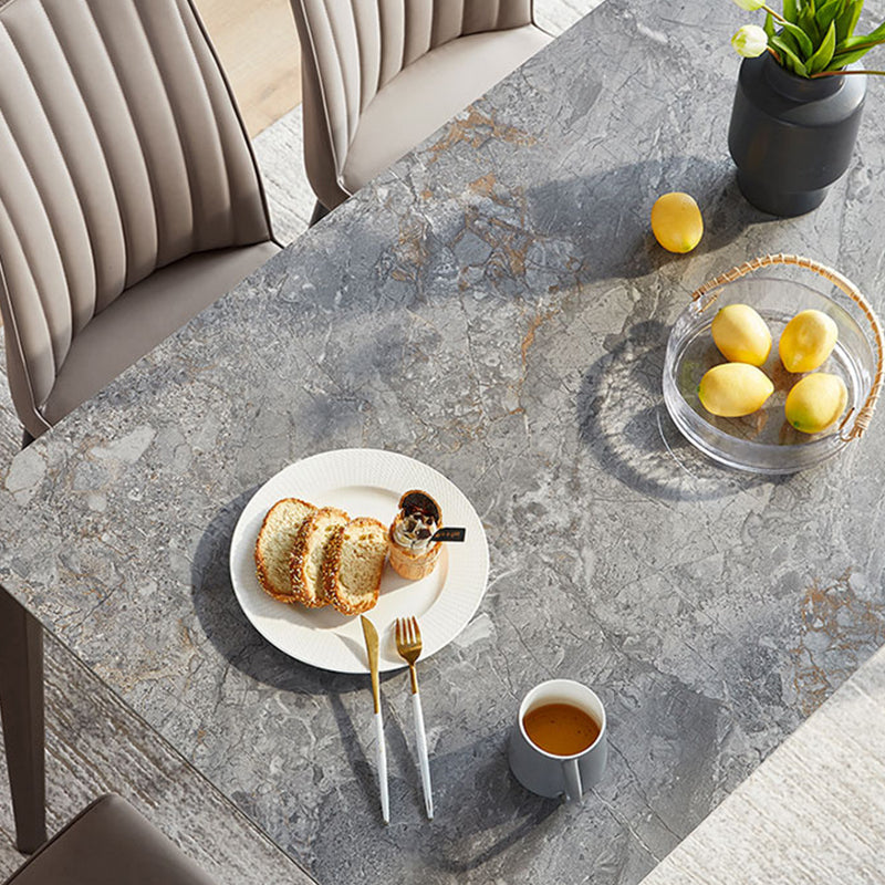 Gray Contemporary Rectangular Stone Dining Table with Solid Wood Legs
