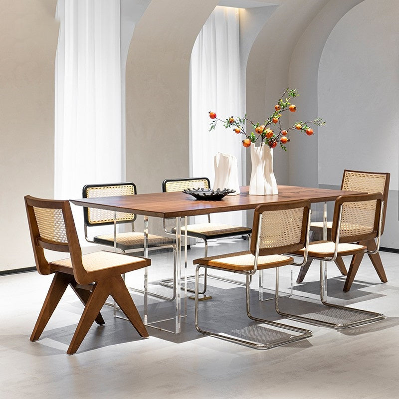 Modern Rectangular Brown Walnut Top Dining Table with Acrylic Clear Double Pedestal