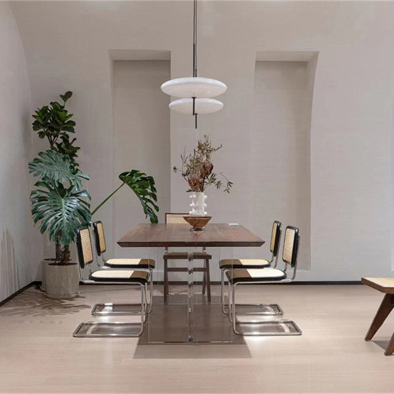 Modern Rectangular Brown Walnut Top Dining Table with Acrylic Clear Double Pedestal