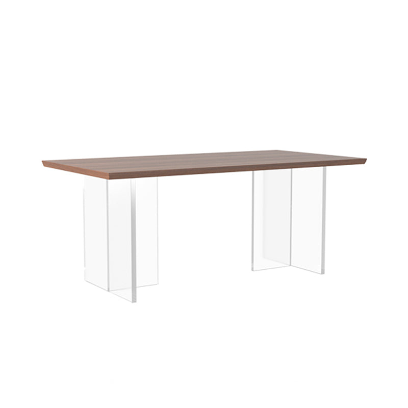 Modern Rectangular Brown Walnut Top Dining Table with Acrylic Clear Double Pedestal