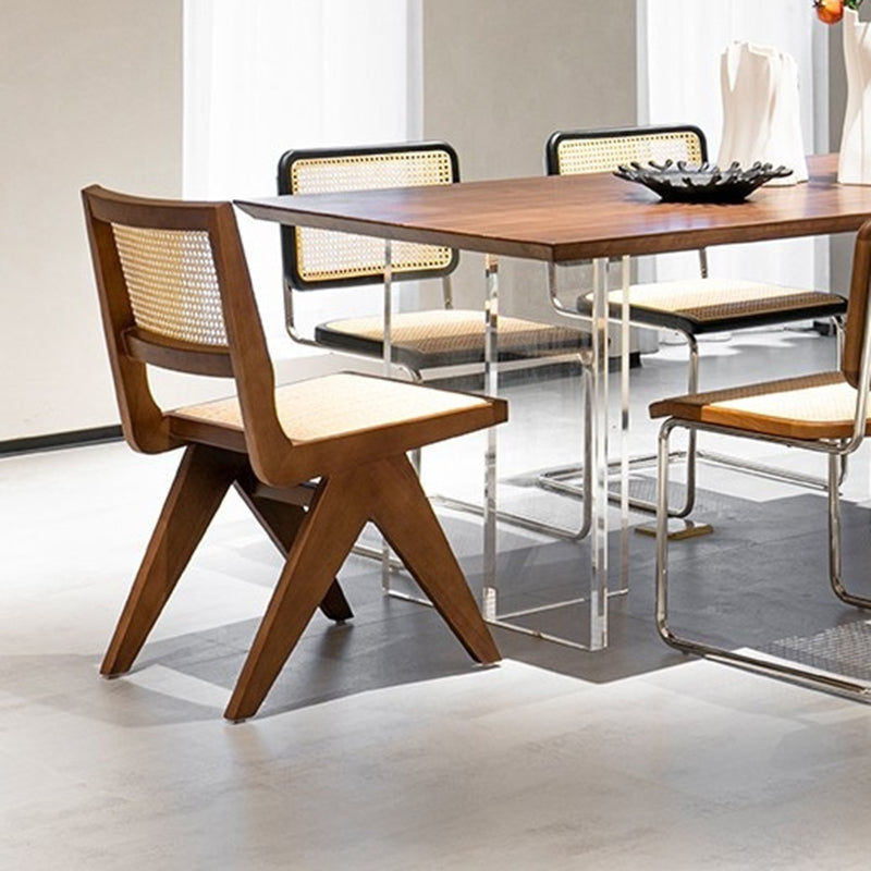 Modern Rectangular Brown Walnut Top Dining Table with Acrylic Clear Double Pedestal