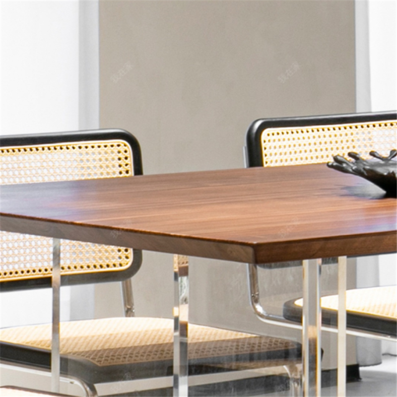 Modern Rectangular Brown Walnut Top Dining Table with Acrylic Clear Double Pedestal