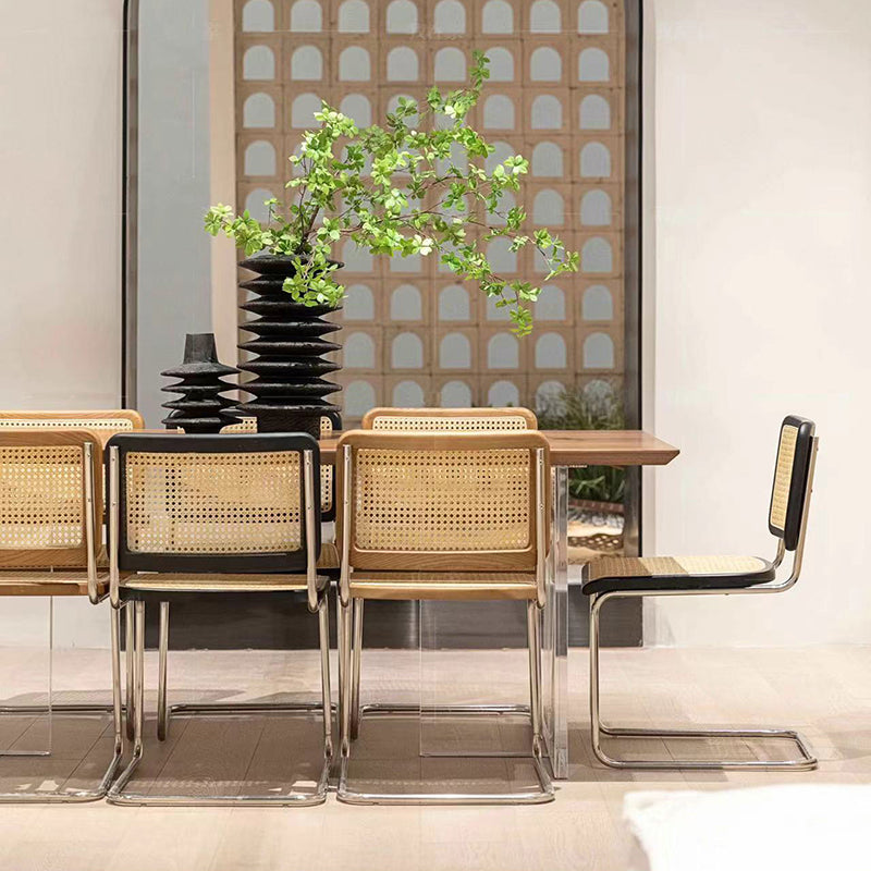 Modern Rectangular Brown Walnut Top Dining Table with Acrylic Clear Double Pedestal