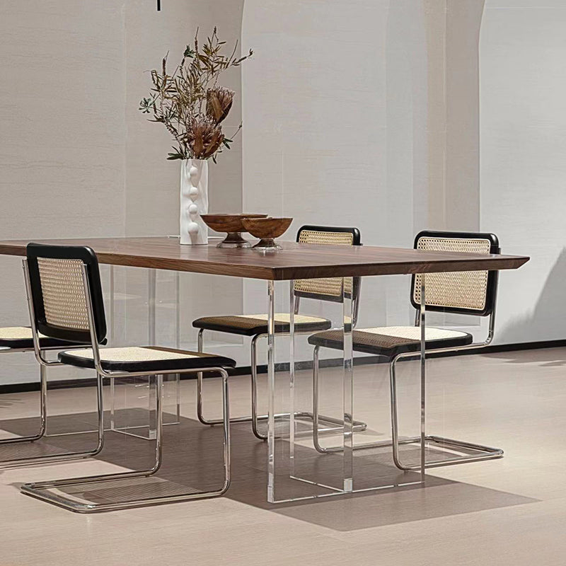 Modern Rectangular Brown Walnut Top Dining Table with Acrylic Clear Double Pedestal