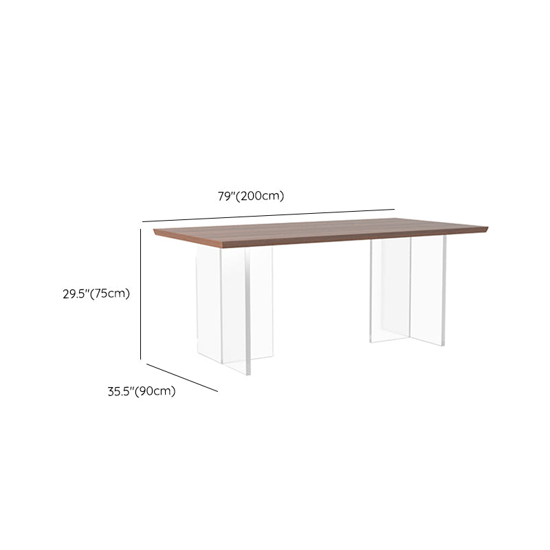 Modern Rectangular Brown Walnut Top Dining Table with Acrylic Clear Double Pedestal