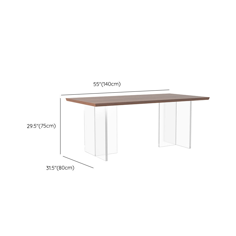 Modern Rectangular Brown Walnut Top Dining Table with Acrylic Clear Double Pedestal