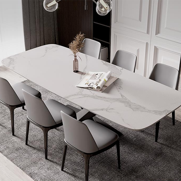 Modern Stone Top White Rectangular Dining Table with Black X-Base