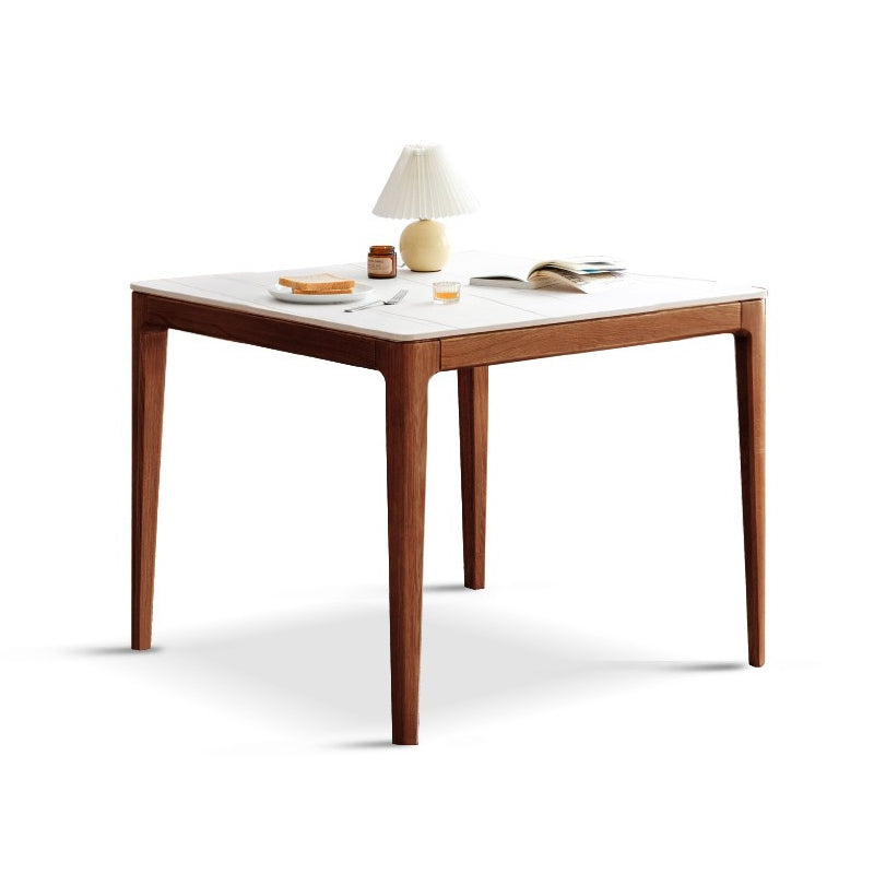 Modern Square White Stone Tabletop Dining Table with 4 Oak Legs