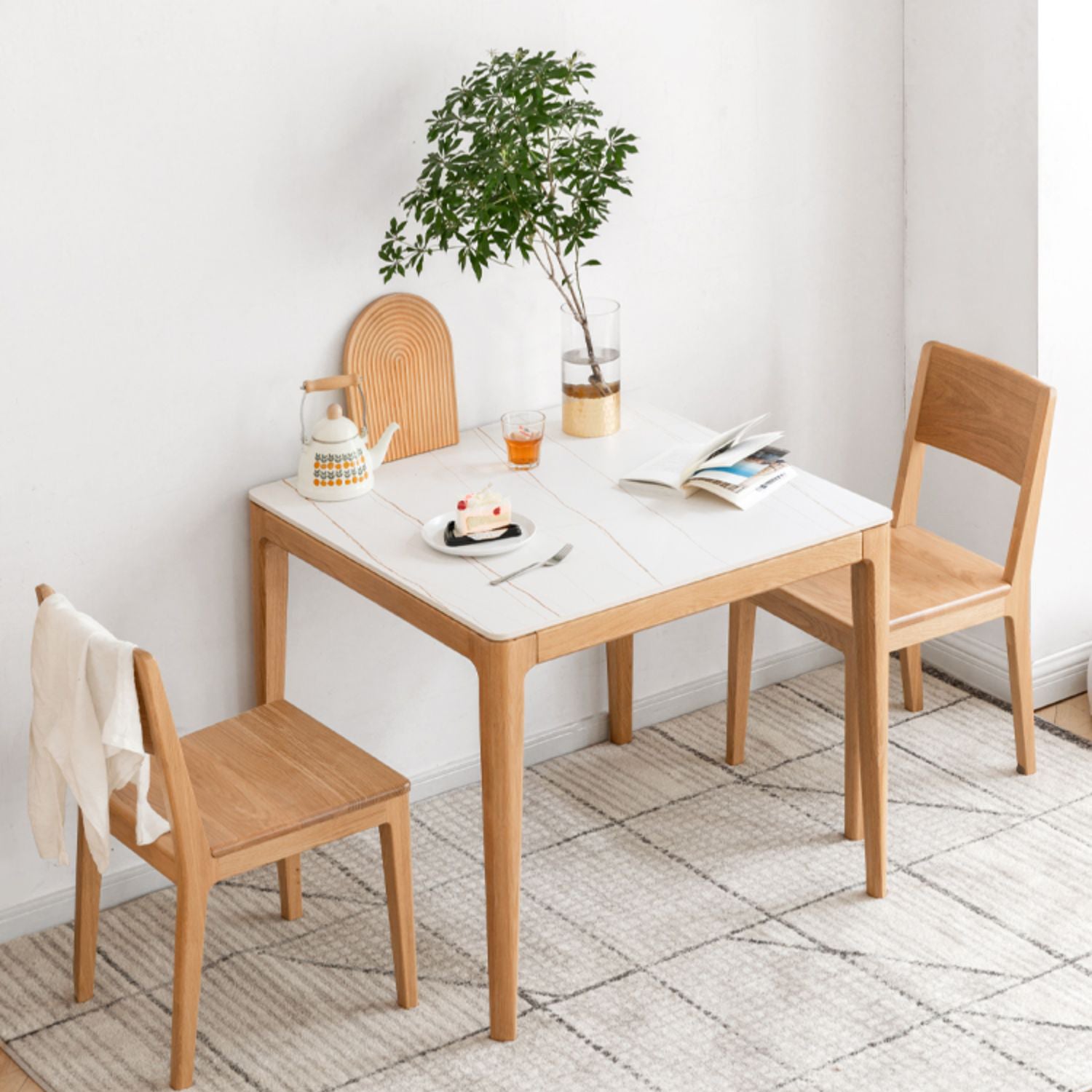 Modern Square White Stone Tabletop Dining Table with 4 Oak Legs