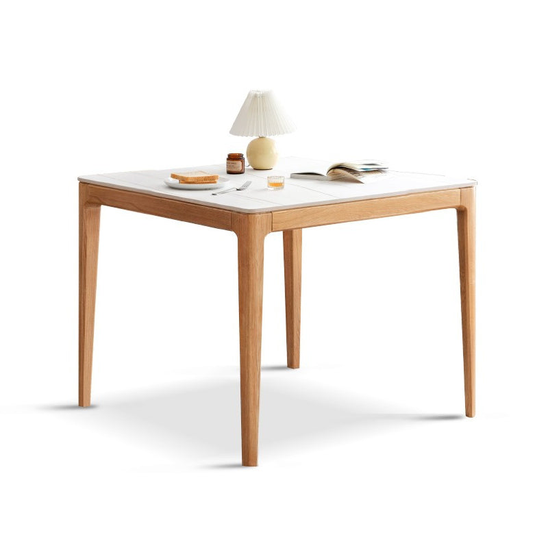 Modern Square White Stone Tabletop Dining Table with 4 Oak Legs