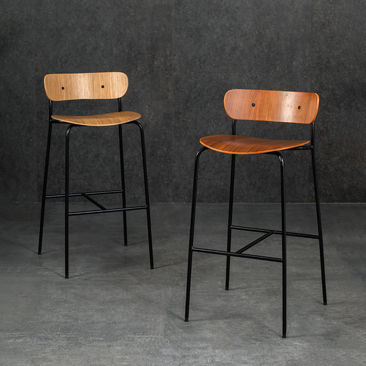 Contemporary Backrest Solid Wood and Metal Counter High Stool with 4 Legs