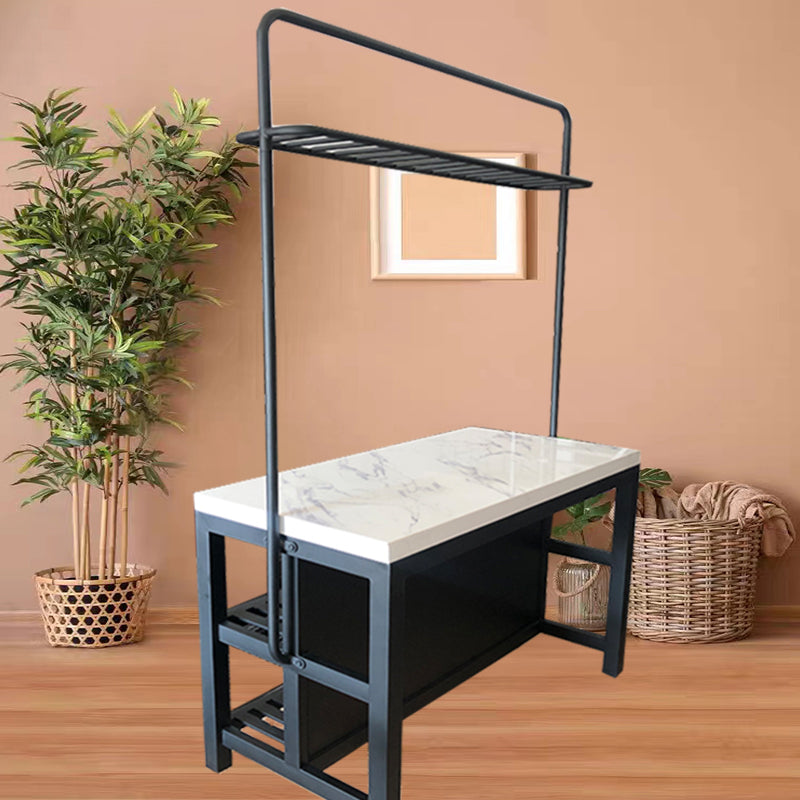 Modern Rectangular Faux Marble Kitchen Island Table with Pot Rack