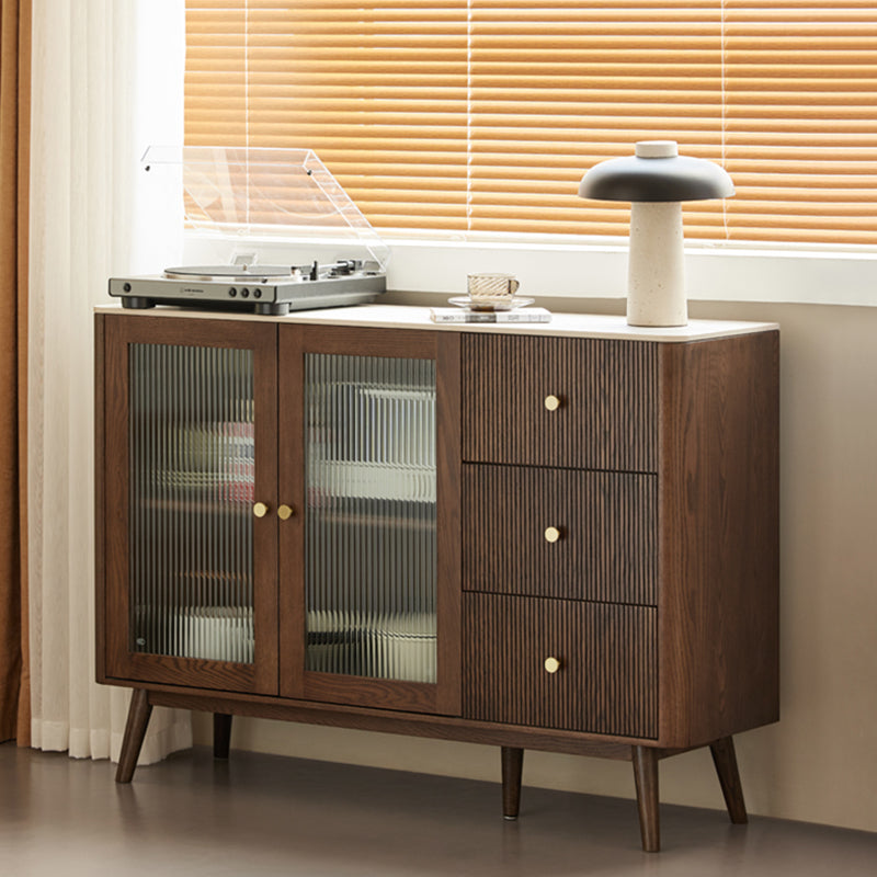 Cherry Wood Sideboard Modern Stone Top with Glass Door in Espresso