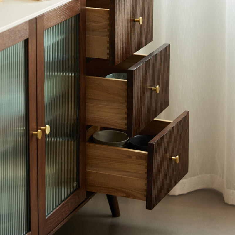 Cherry Wood Sideboard Modern Stone Top with Glass Door in Espresso