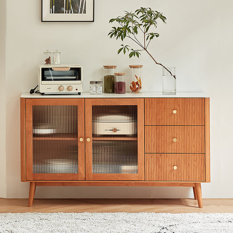 Stone Top Sideboard Modern Cherry Wood with Glass Door in Teak