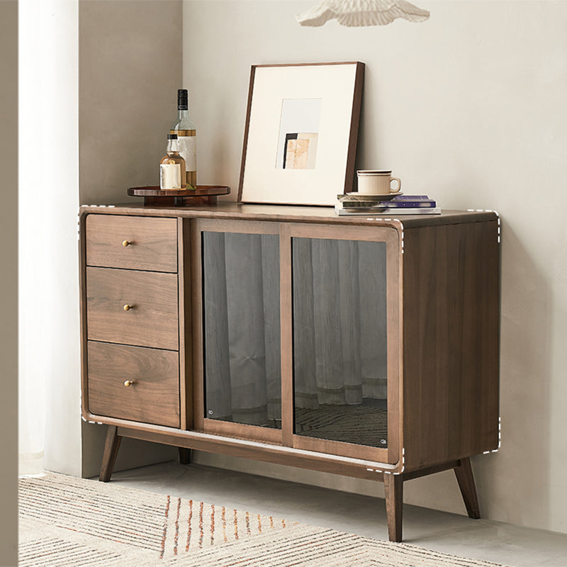 Espresso Walnut Wood Sideboard Modern Glass Door with 3 Drawers