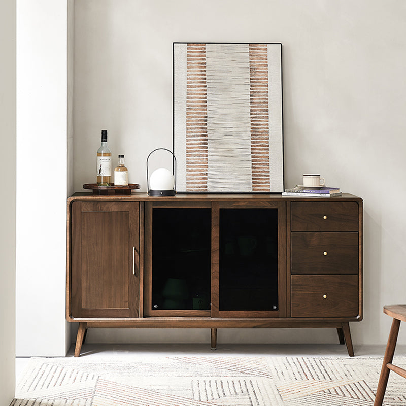 Espresso Walnut Wood Sideboard Modern Glass Door with 3 Drawers