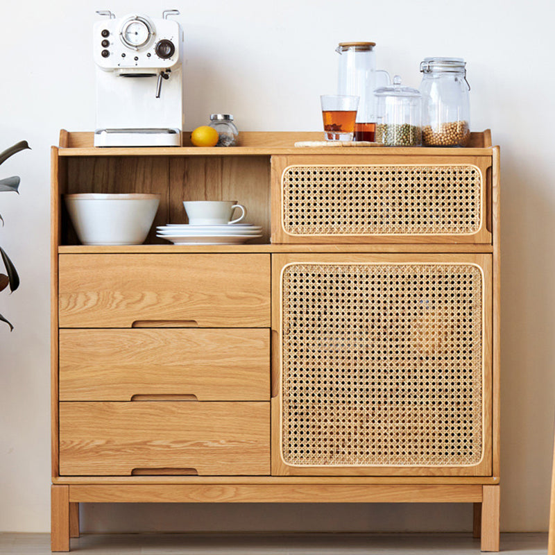 Solid Wood Dining Server Modern Style Rattan Door with 3 Drawers