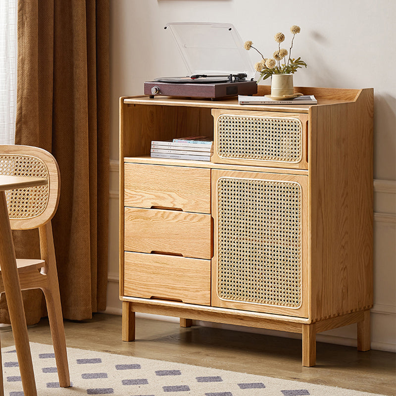 Solid Wood Dining Server Modern Style Rattan Door with 3 Drawers
