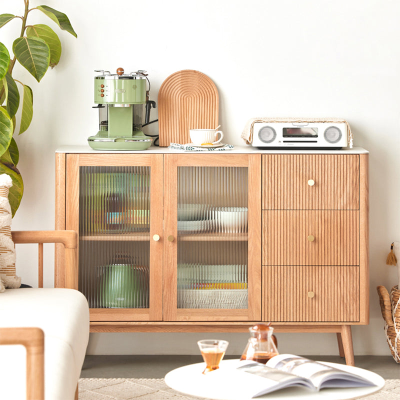 Oak Finished Sideboard Modern Style Glass Door with 3 Drawer